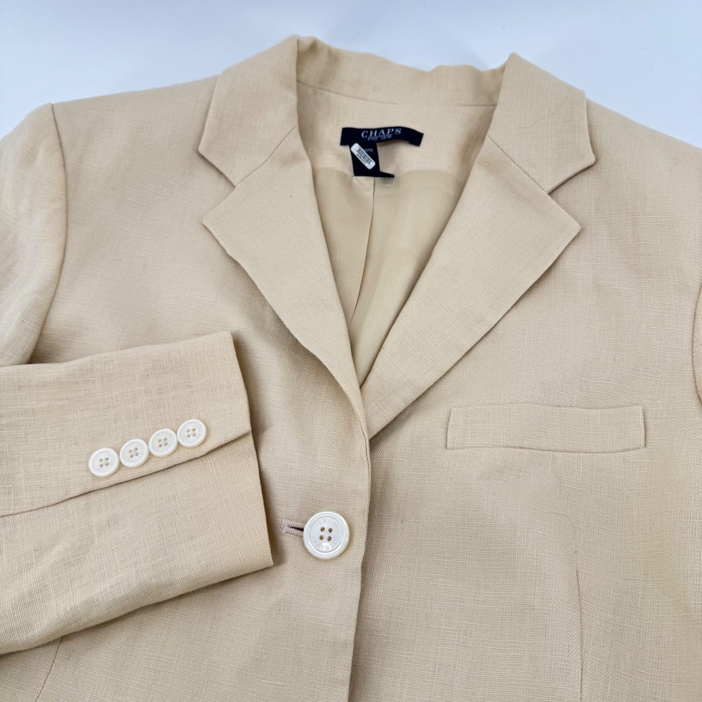 Chaps Blazer Womens 12 Tan 100% Linen 3-Button Professional Classic Jacket